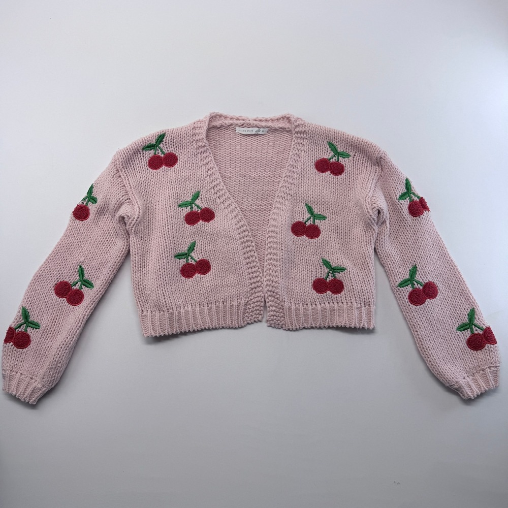 Altar'd State Pink Cherry Embroidered Chunky Knit Cropped Cardigan XXS